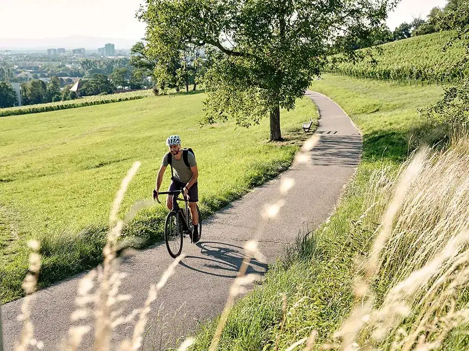 Ein JobRadler auf einem Fahrradweg im Grünen am Schlierberg Ein JobRadler auf einem Fahrradweg im Grünen am Schlierberg
